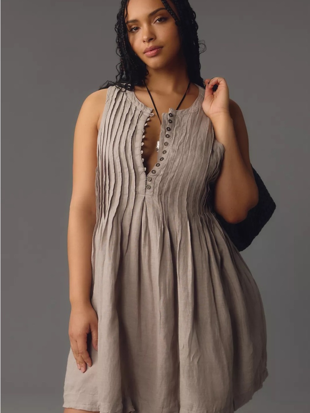 Anthropologie Linen Sleeveless Pleated Mini Dress Boho Summer Spring NEW Large